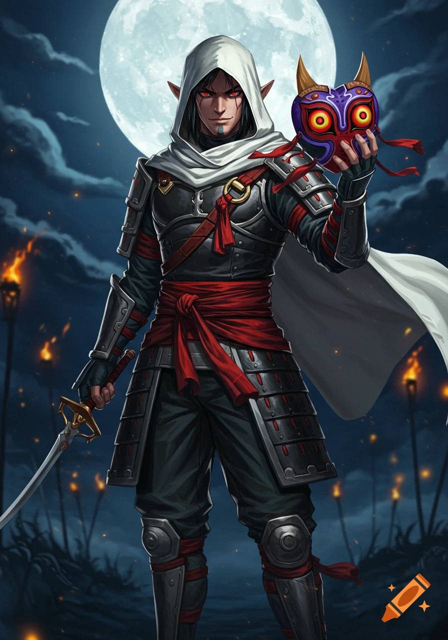 Male Sheikah in black and red armor with a white hooded cloak, holding a Yiga mask and a sword under a full moon.