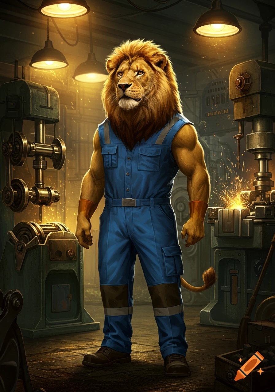 A muscular male lion in blue overalls stands in a busy, warm-lit machine shop with sparks.