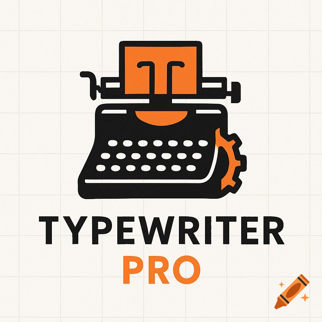 A minimalist black and orange logo for 'TYPEWRITER PRO' software, featuring a stylized old-school typewriter.