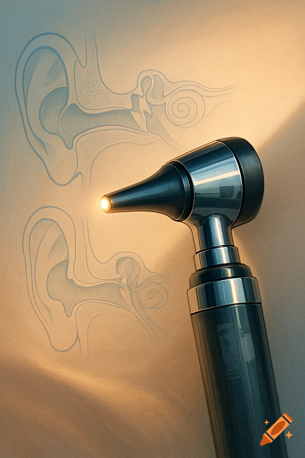 An otoscope with a glowing light tip hovers over stylized blue diagrams of human ear anatomy on a warm-toned background.