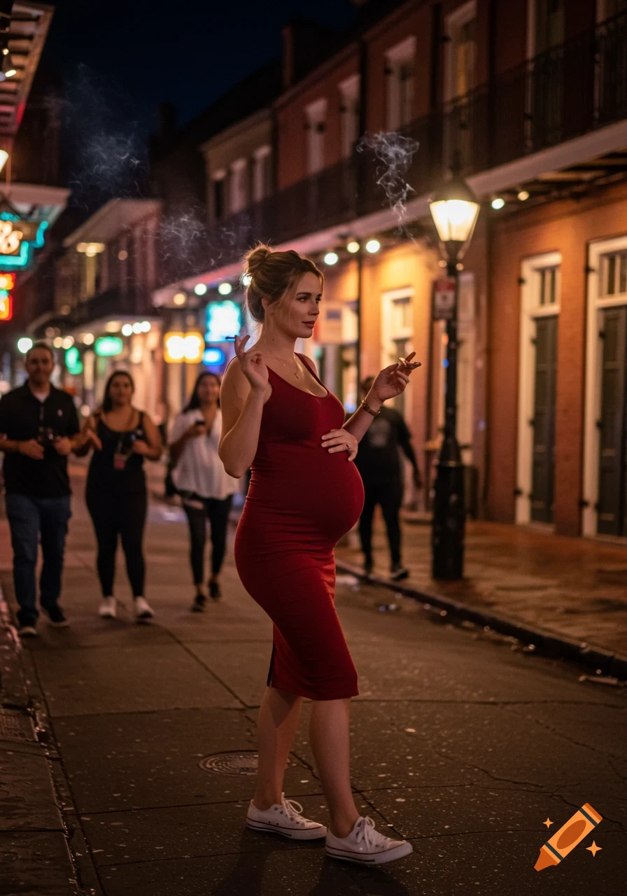 A pregnant woman in a red dress walks on Bourbon Street at night, holding a cigarette and her baby bump.