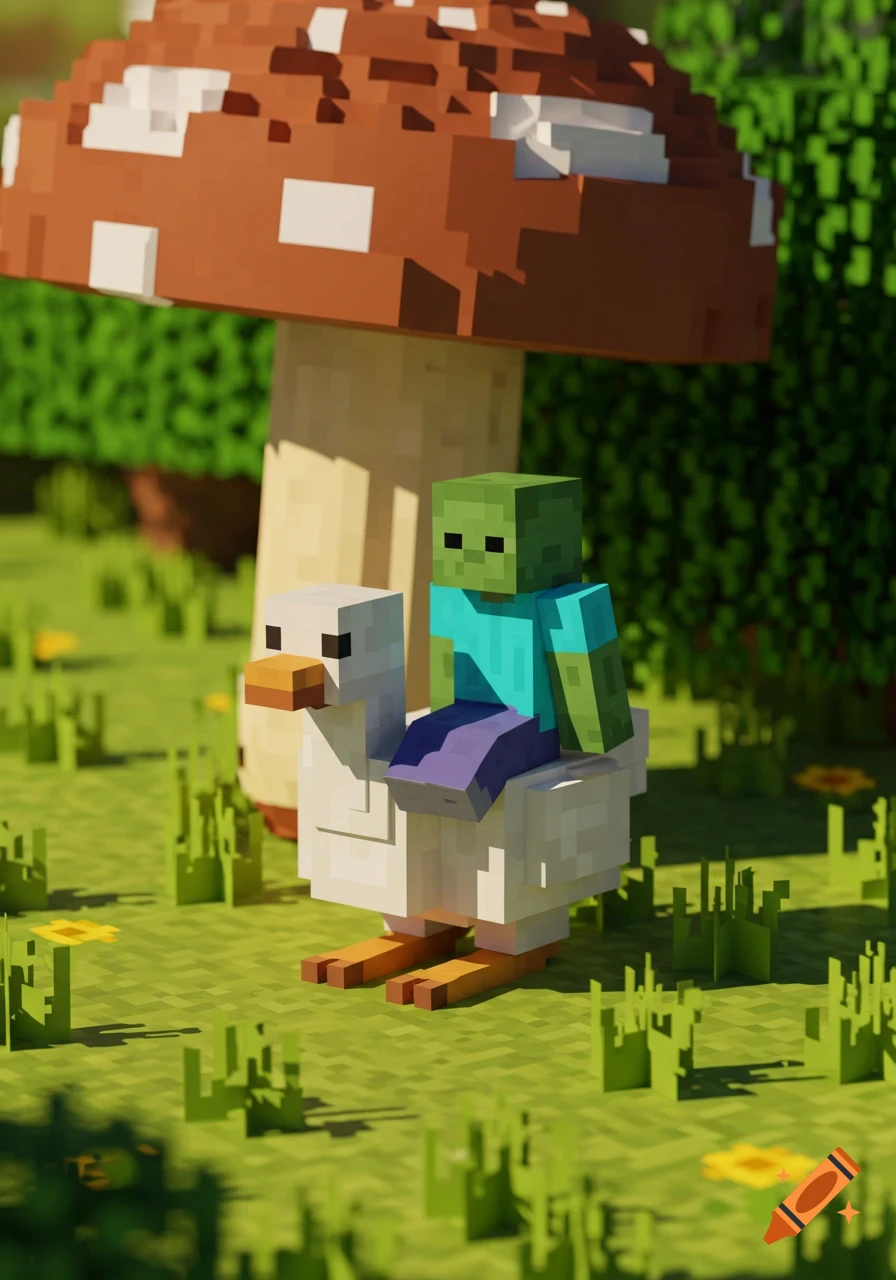 A pixel art Minecraft zombie rides a white blocky goose under a huge mushroom in a grassy field with yellow flowers.