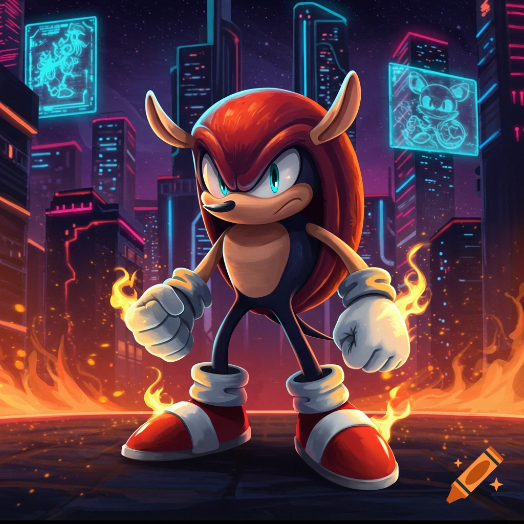 Mighty the Armadillo from Sonic stands in a fiery cyberpunk city, looking determined, in an animated style.