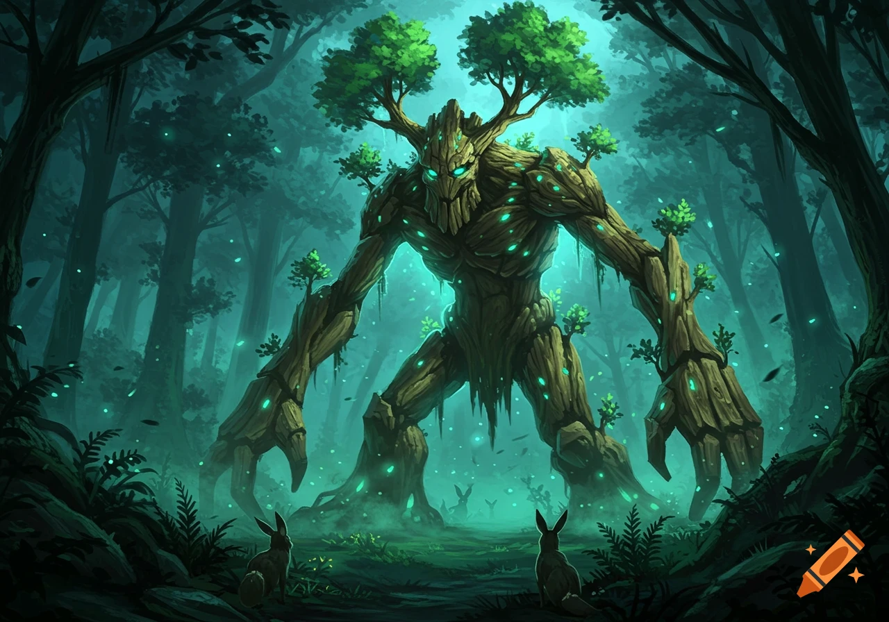 A towering, glowing tree monster with teal eyes and foliage on its body stands in a dark, ethereal forest, watched by two rabbits.