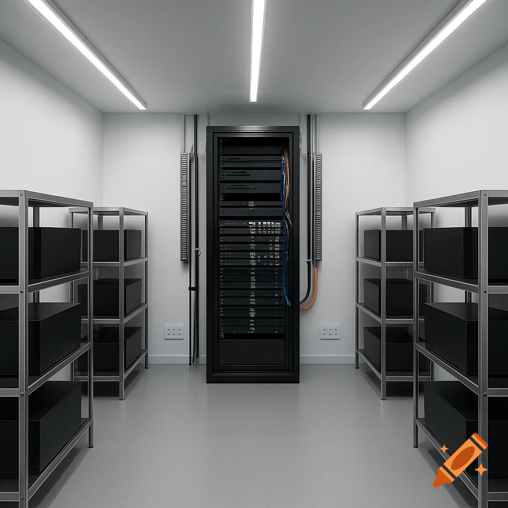 A photorealistic view of a clean server room with a central black server rack and two rows of metal shelves with black boxes.