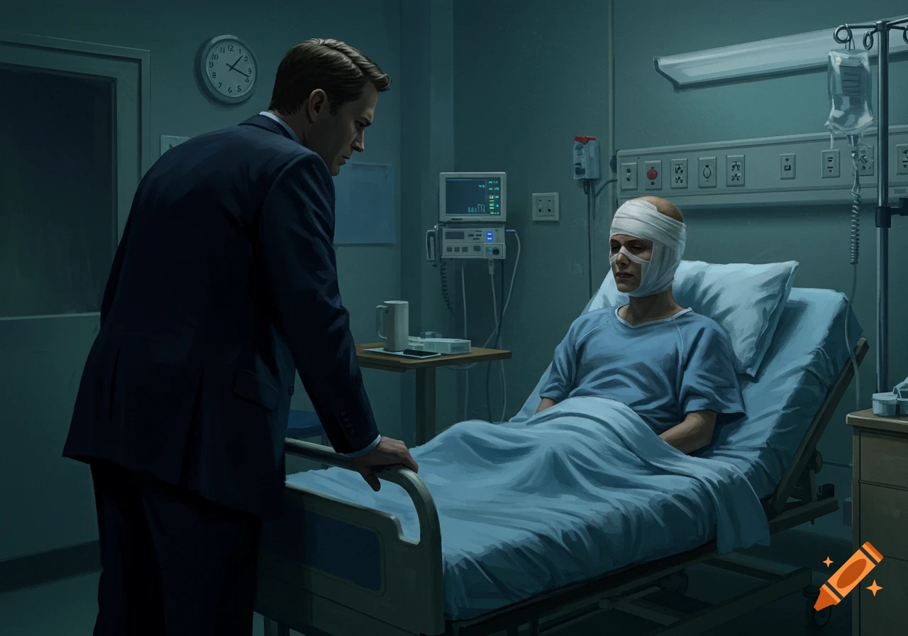 A man in a suit looks at a patient with a bandaged head in a dimly lit hospital room with a medical monitor. Digital painting.