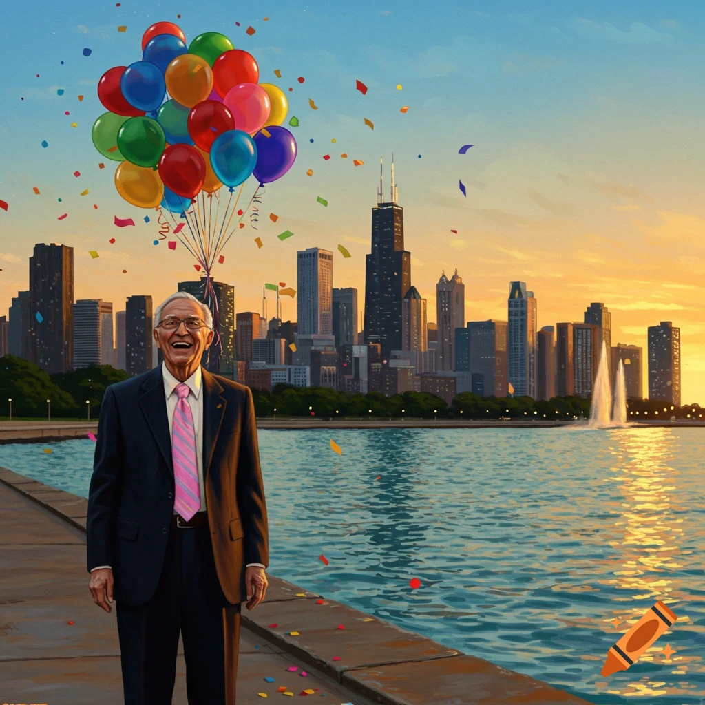 An older man in a suit smiles, holding balloons, with confetti falling over a city skyline at sunset.