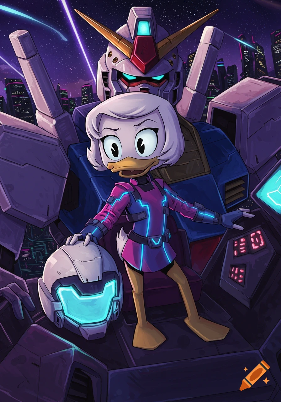 Webby from Ducktales dressed as a Gundam pilot in a cyberpunk suit, standing before a giant Gundam robot in a futuristic city.