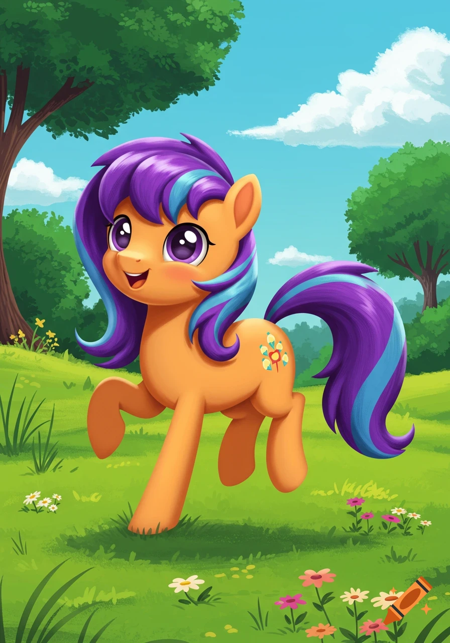 A cheerful orange cartoon pony with purple and blue hair walks in a grassy field with trees under a blue sky.