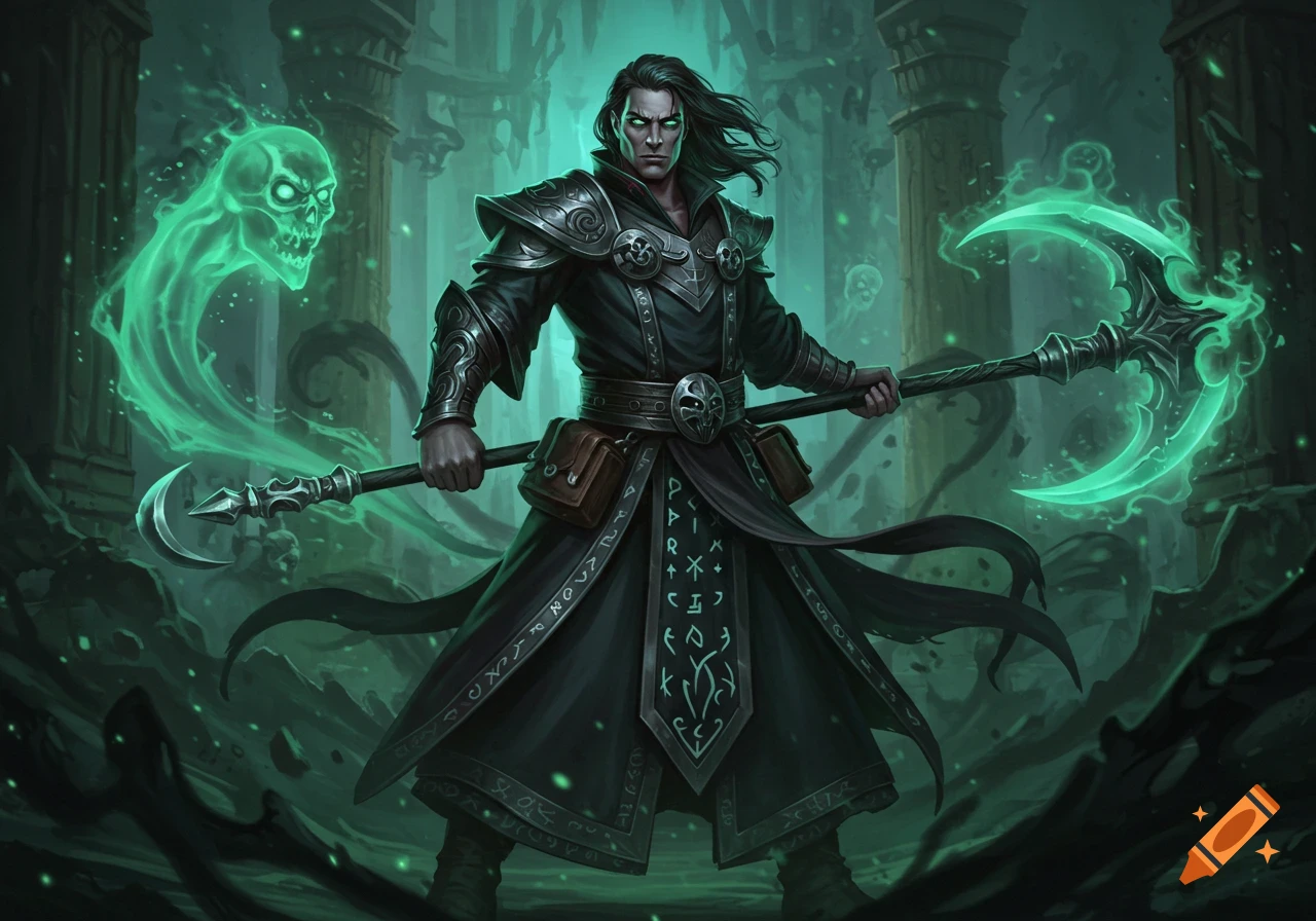 A dark-haired male warlock in black armor and flowing robes holds a glowing green scythe-glaive, with a spectral green skull floating nearby in a dark, ruinous environment.