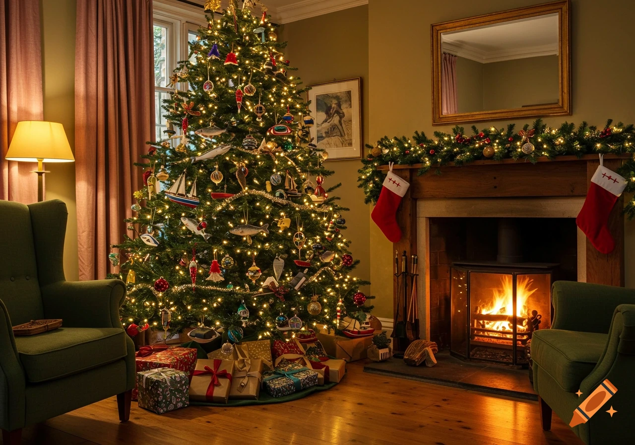 A warm, photorealistic living room with a lit Christmas tree, fishing-themed ornaments, presents, and a fireplace with stockings.