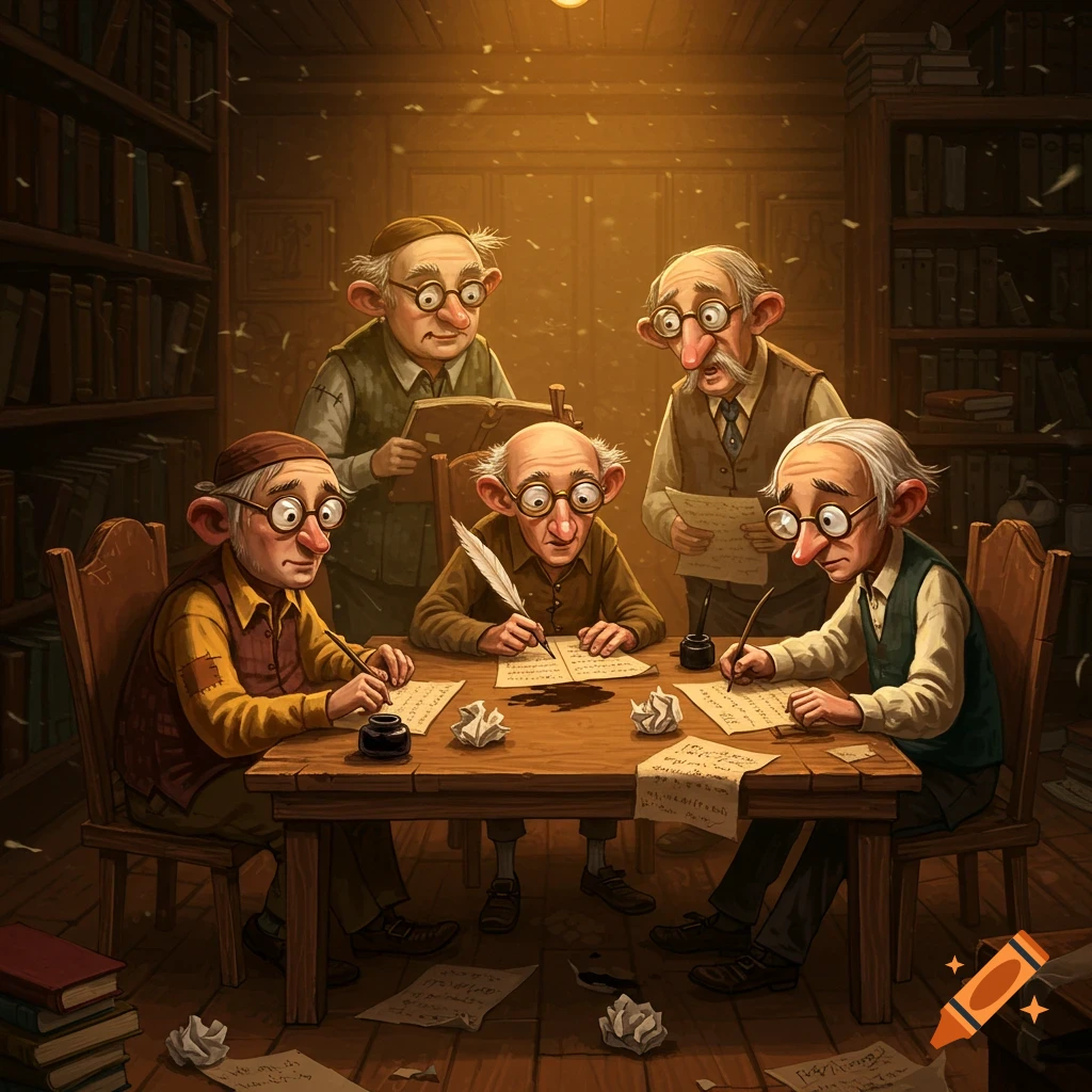 A group of elderly, caricatured men with large glasses writing intently at a wooden table in a dimly lit, cozy library, surrounded by books and crumpled papers.