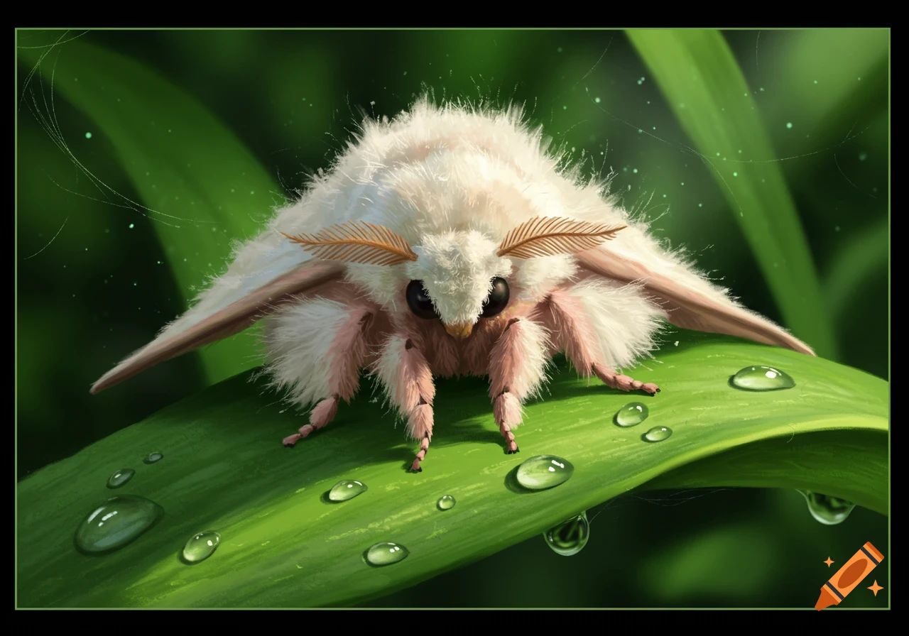 A fluffy white poodle moth with pink legs stands on a vibrant green leaf covered in water droplets, looking forward.