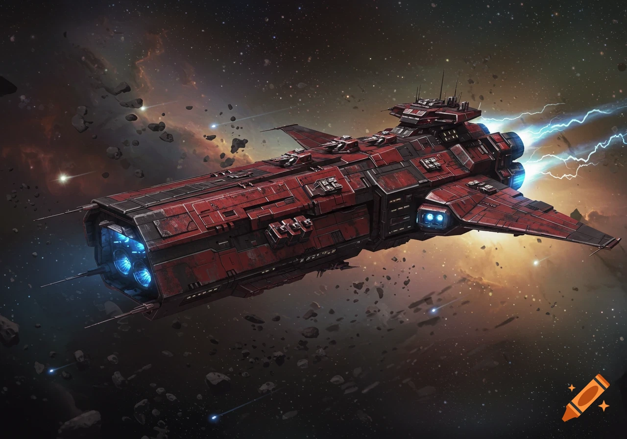 A detailed red and black futuristic spaceship with blue engine thrust and electrical arcs flies through space amidst asteroids and a colorful nebula.