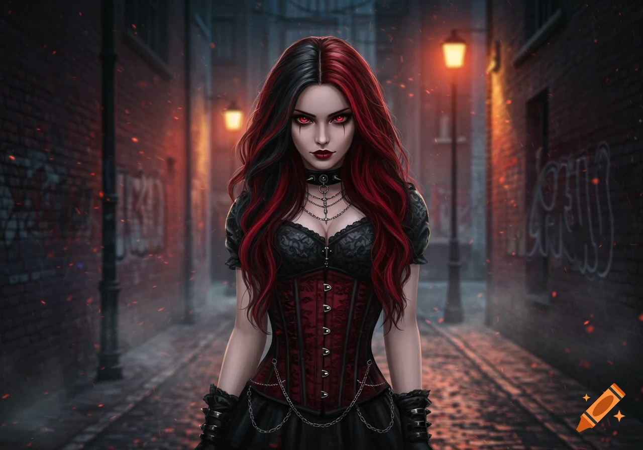 Digital art of a goth woman with red and black hair, red eyes, and a corset, standing in a dark alley.
