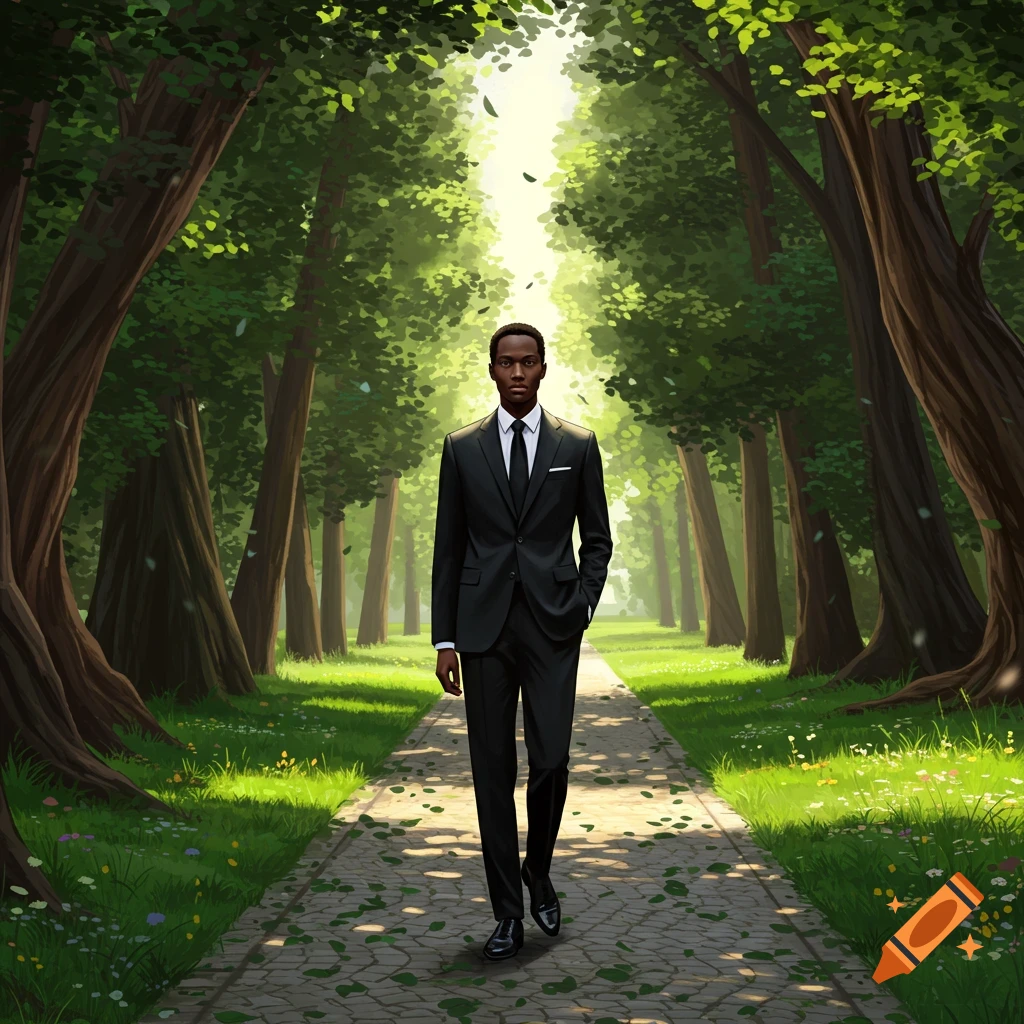 Illustrated man in a black suit walking on a sunlit path through a lush green park with tall trees.