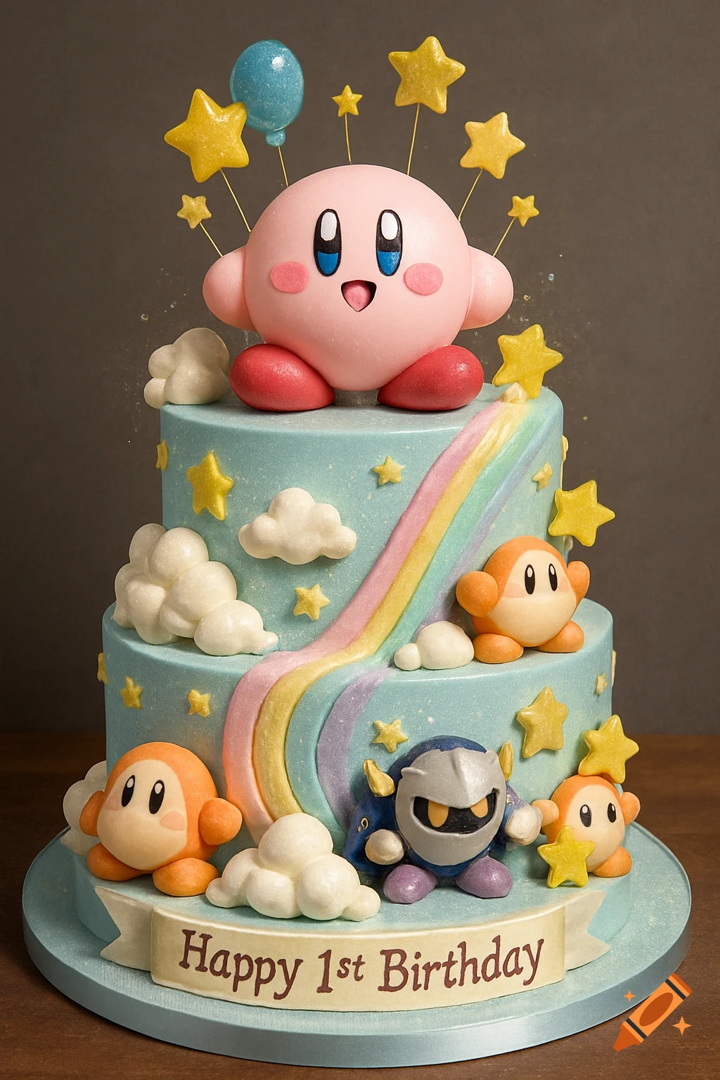 A two-tiered Kirby-themed birthday cake with fondant figures of Kirby, Waddle Dees, and Meta Knight, decorated with stars, clouds, and a rainbow. A banner reads "Happy 1st Birthday".