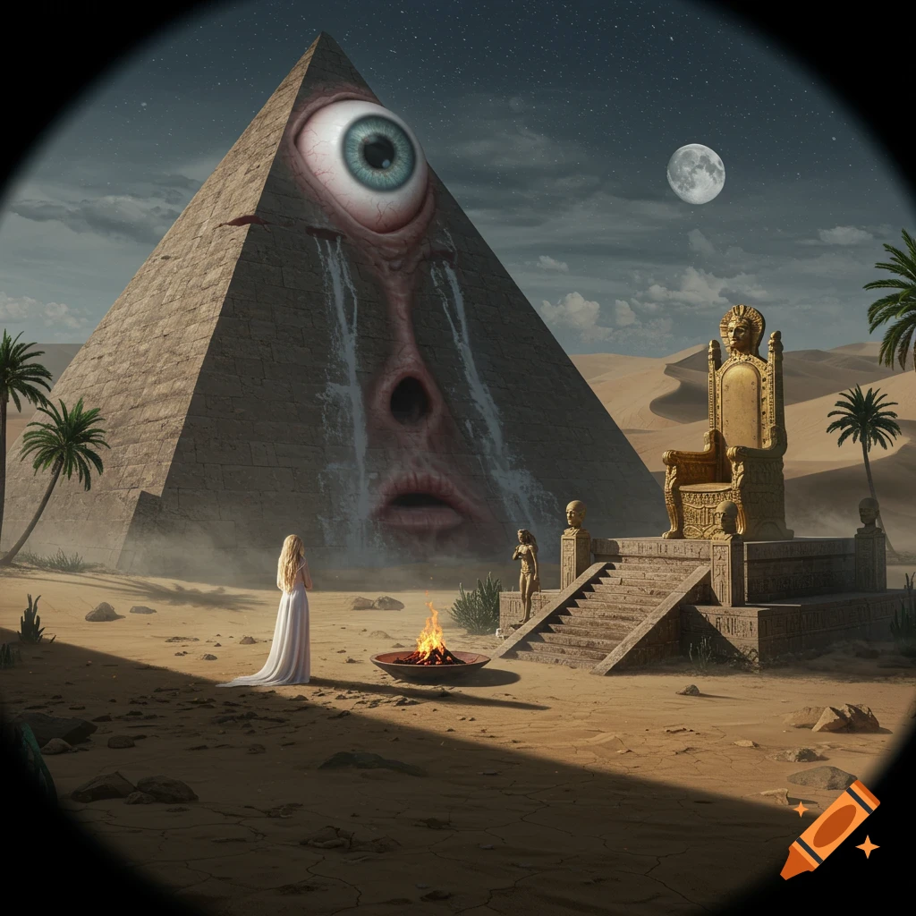 A woman worships before a pyramid with a giant eye crying waterfalls, beside a golden throne in a surreal desert at night.
