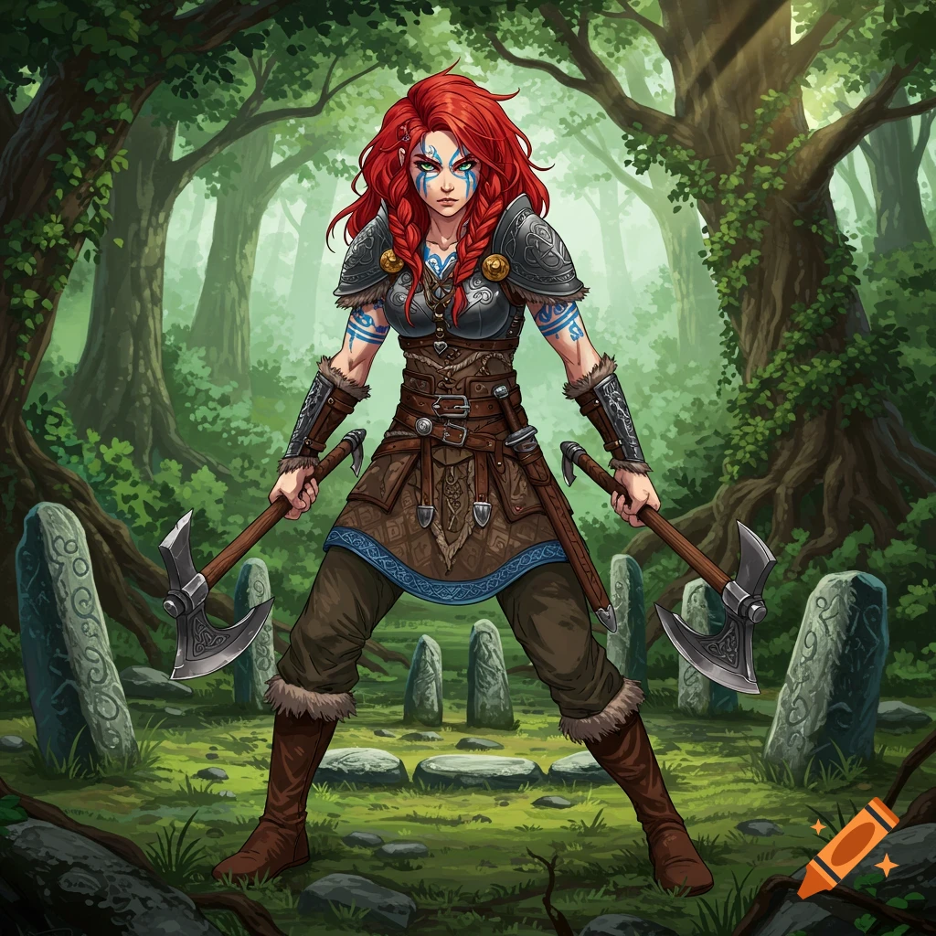 Anime-style Celtic warrior woman with red hair, face paint, and tattoos, wearing armor and holding two axes in a forest shrine.