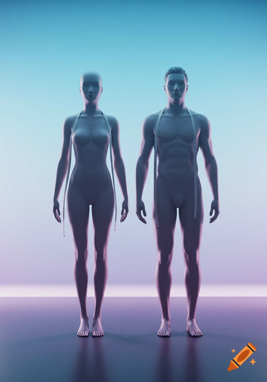 Two stylized grey human figures, a female and a male, stand with measuring tapes draped around them against a gradient blue and purple background.
