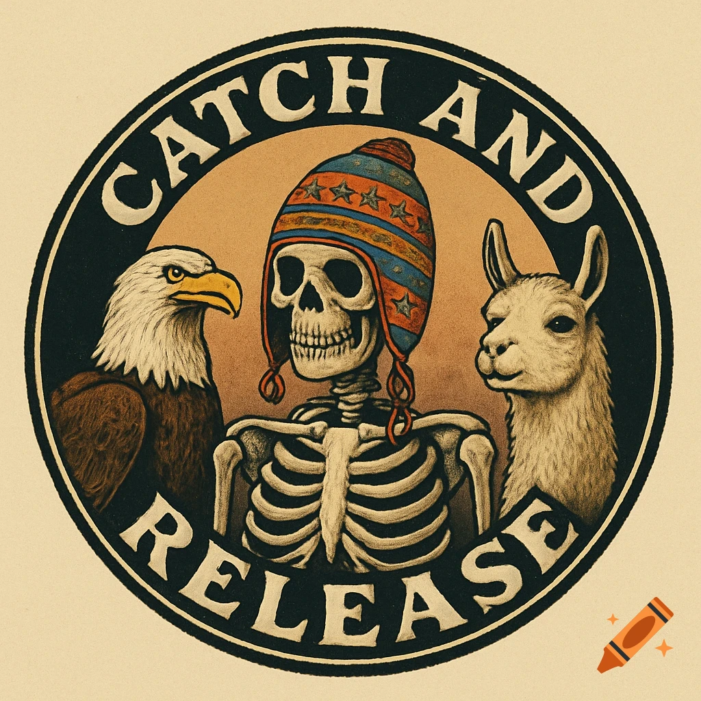 A vintage-style circular logo with 'CATCH AND RELEASE' text, featuring a skeleton in an Andes hat between a bald eagle and a llama.