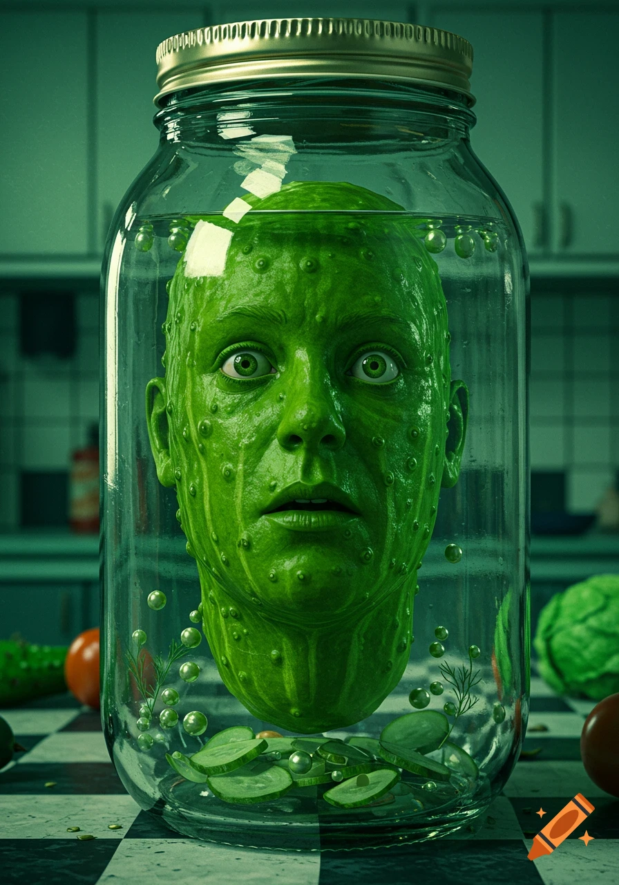 Photorealistic image of a green, pickle-skinned human head in a glass jar, with cucumber slices at the bottom, in a kitchen.