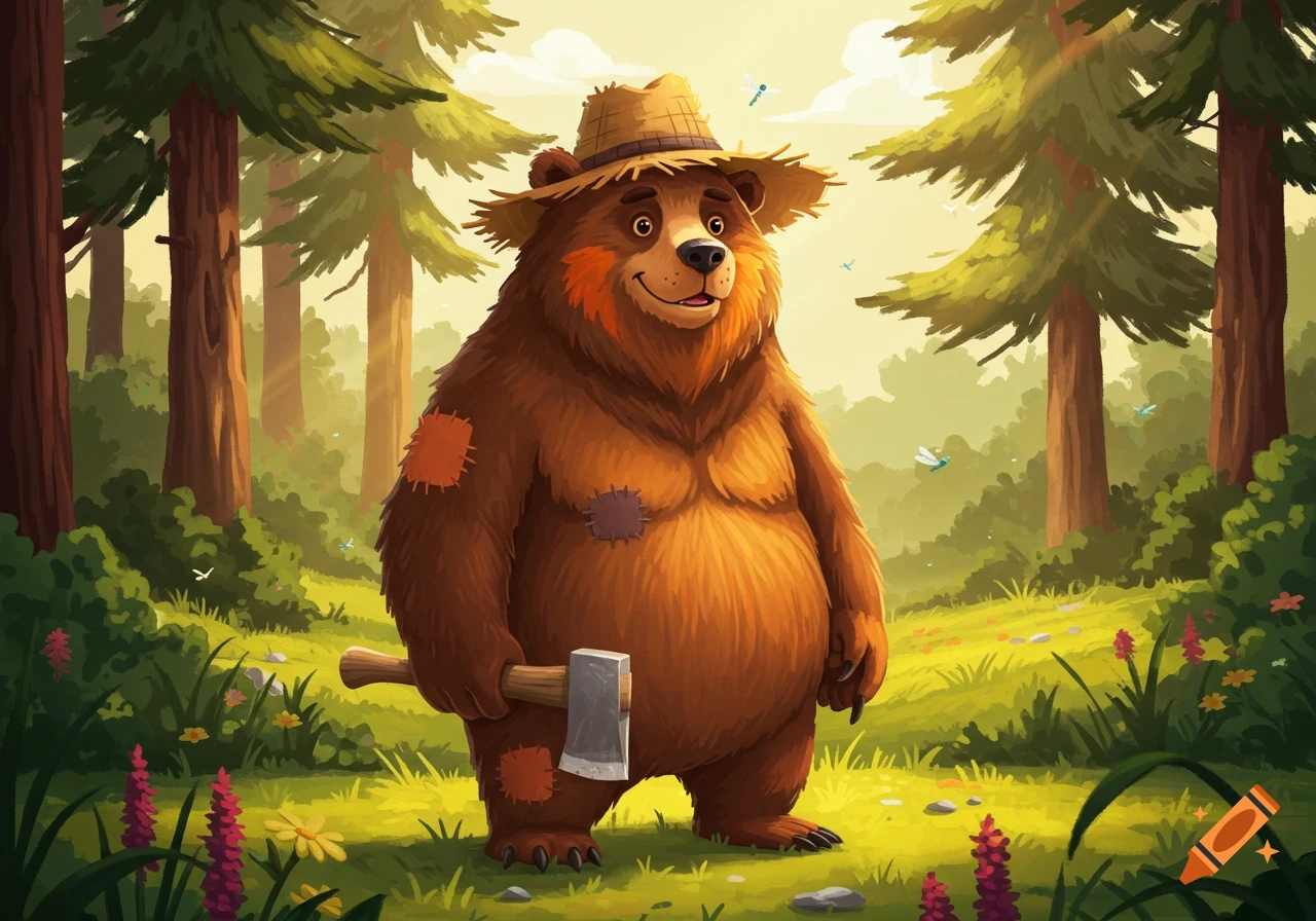 A cartoon hillbilly bear wearing a straw hat, holding a hatchet, standing in a sunny forest.