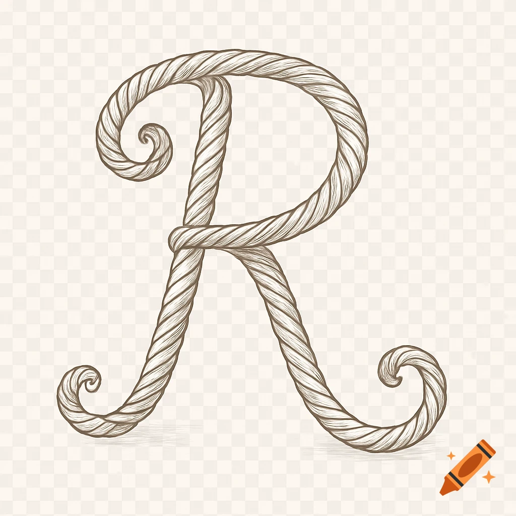 A detailed line art illustration of a capital letter R, crafted from a twisted rope, on a transparent background.
