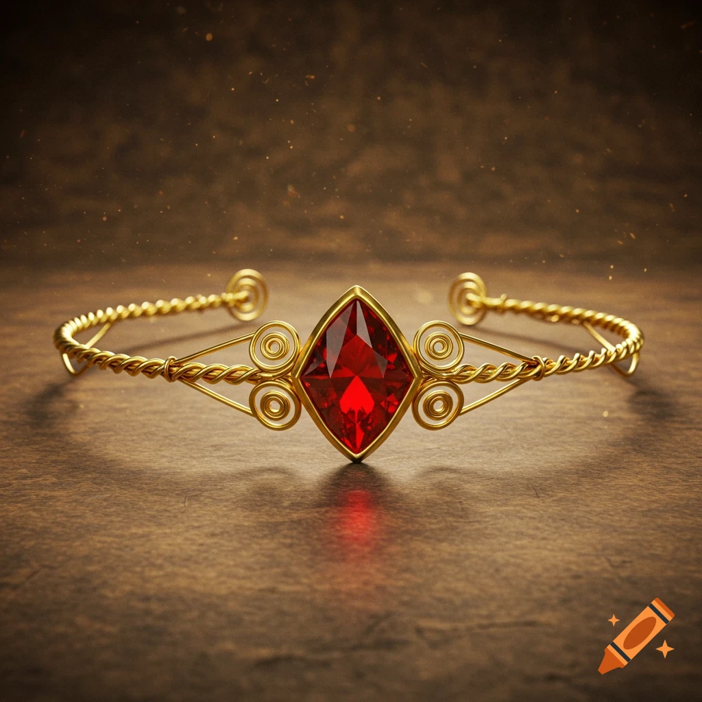 A close-up of a golden circlet bracelet featuring a large, faceted red ruby gemstone in a diamond setting, resting on a dark wooden surface.