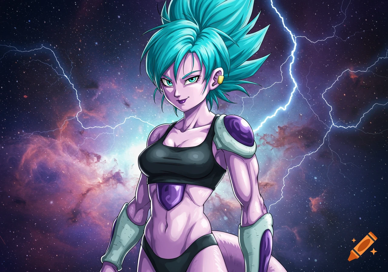 Anime character with blue spiky hair, purple skin, muscular build in a sports bra, against a cosmic background with lightning.