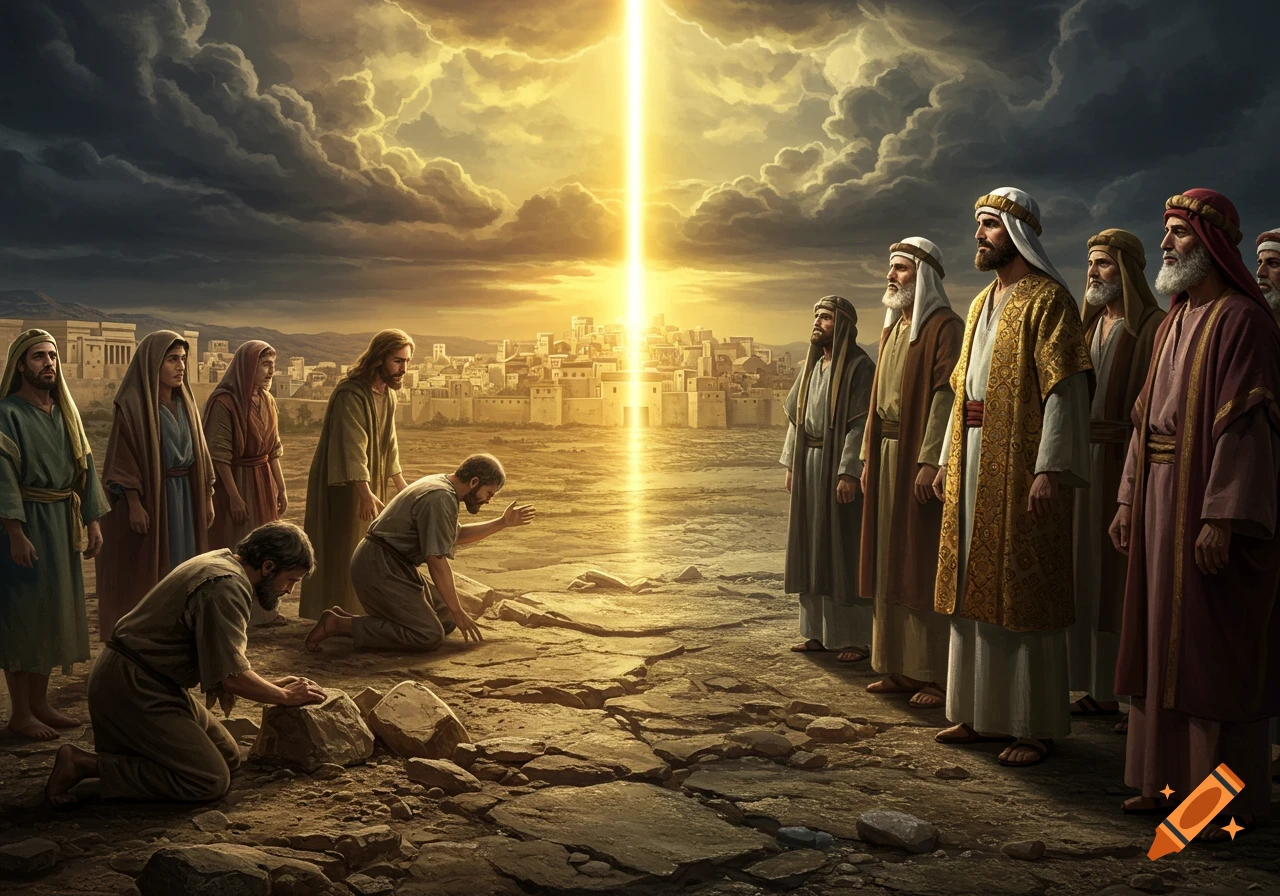 A dramatic biblical scene with men in ancient robes, some kneeling, under a bright light beam from the sky, an ancient city in the background.