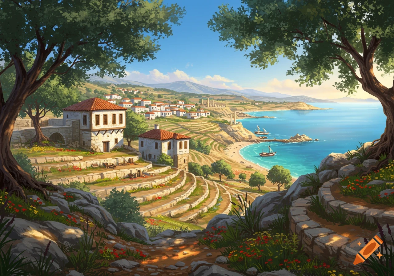 A vibrant, painterly landscape depicting a Mediterranean coastal village with white-washed houses, terraced hillsides, and boats on a clear blue sea, framed by trees.