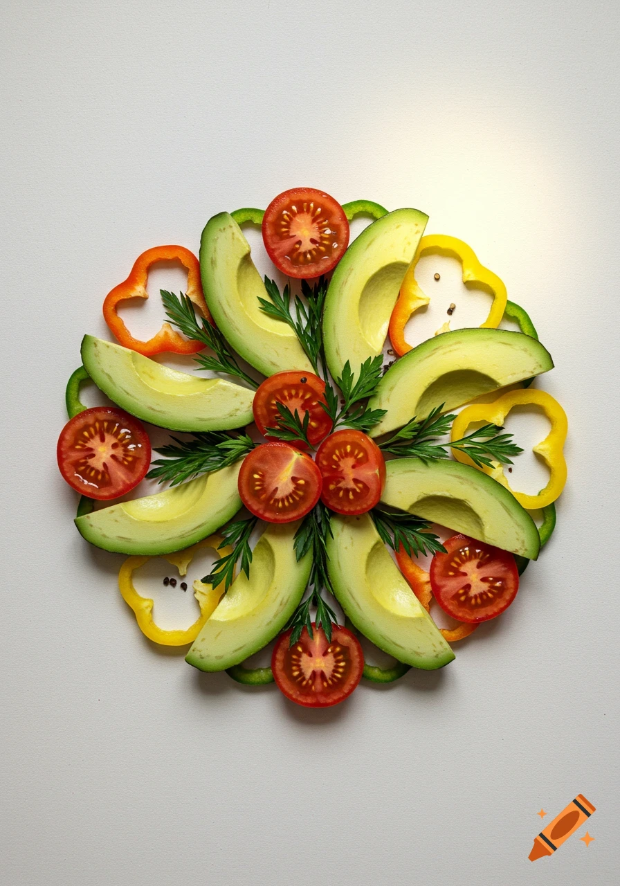 A photorealistic top-down view of sliced avocado, tomato, bell peppers, and parsley arranged in a circular pattern on white.