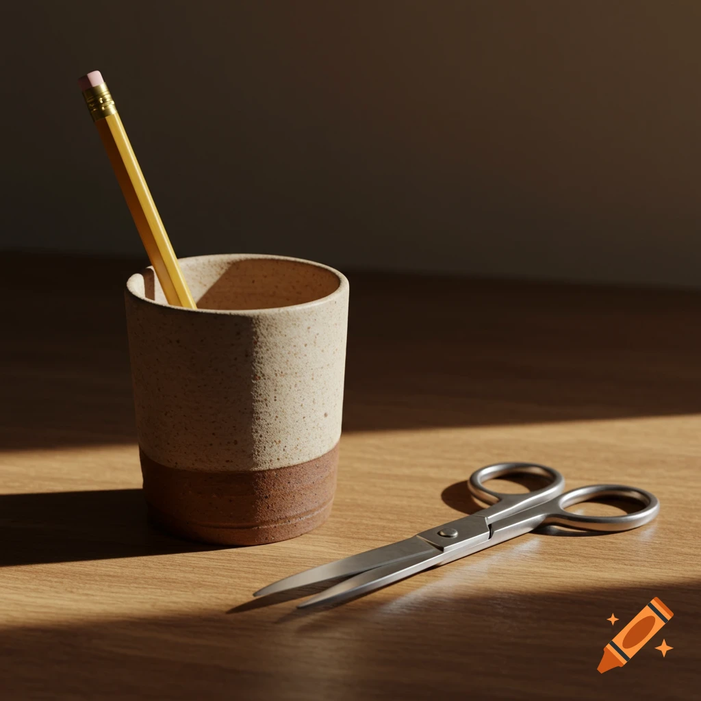 A yellow pencil in a two-toned ceramic cup and silver scissors on a wooden table, lit by sunlight.