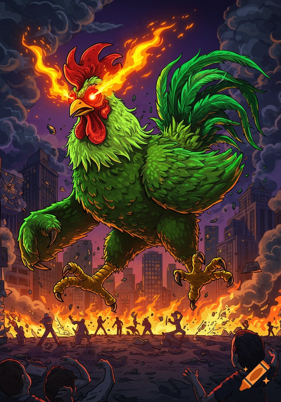 A giant green radioactive rooster with fiery eyes and flaming head crest rampages through a city, with people fleeing in fear.