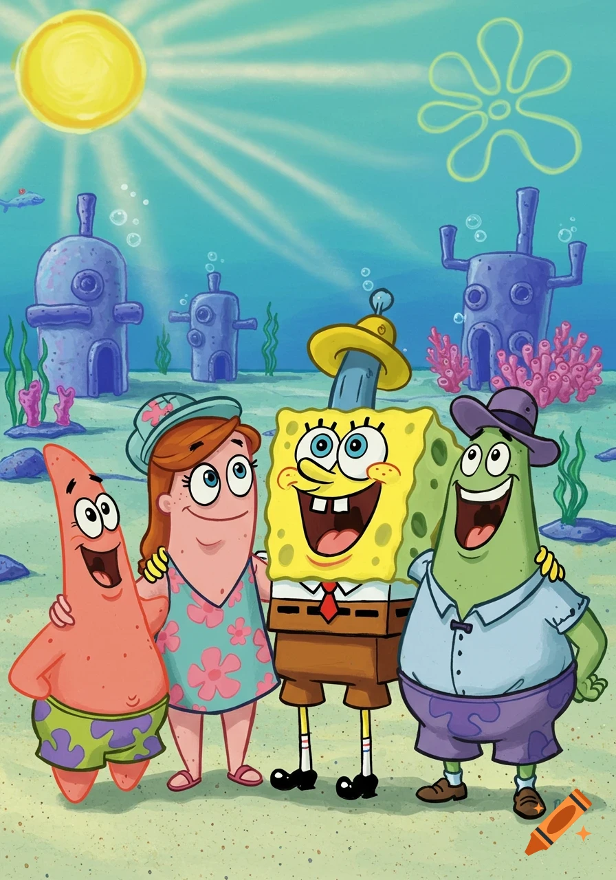 SpongeBob, Patrick, and two friends smiling and posing together in a vibrant underwater cartoon scene from Bikini Bottom.
