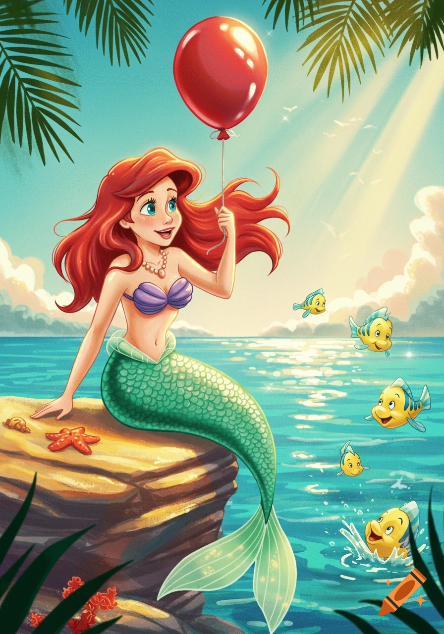 Cartoon illustration of Ariel the mermaid sitting on a rock, holding a red balloon, with fish swimming in a tropical ocean.