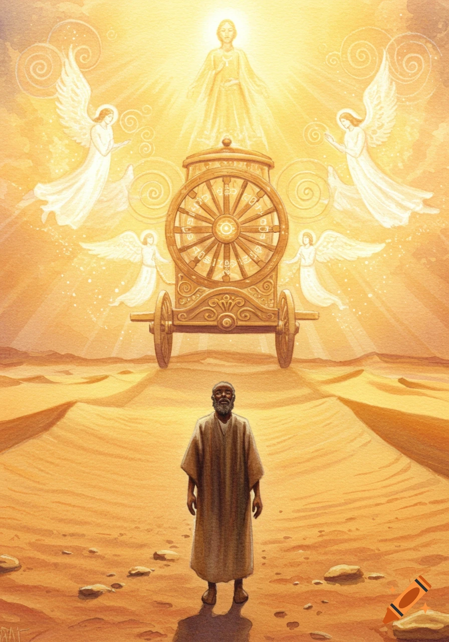 A bearded prophet stands in a golden desert, looking up at a luminous celestial chariot surrounded by angels, bathed in divine light in a watercolor style.