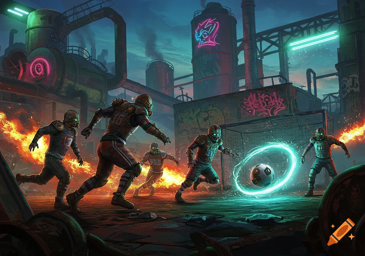 Cyberpunk football players in gas masks play soccer on a field surrounded by a neon-lit, industrial wasteland with flames and graffiti.