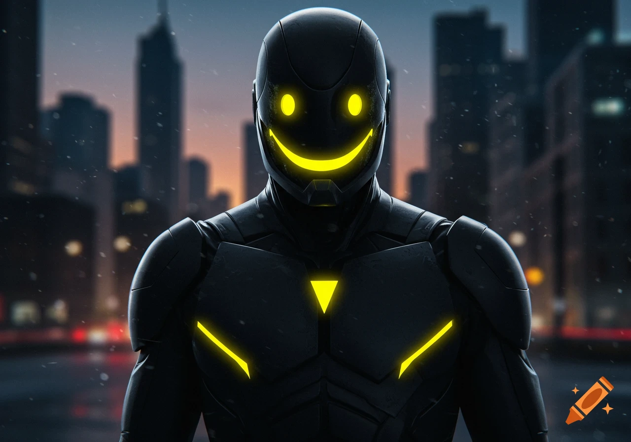 Digital art of a superhero in dark futuristic armor with a glowing yellow smiley face mask, standing in a city at dusk.