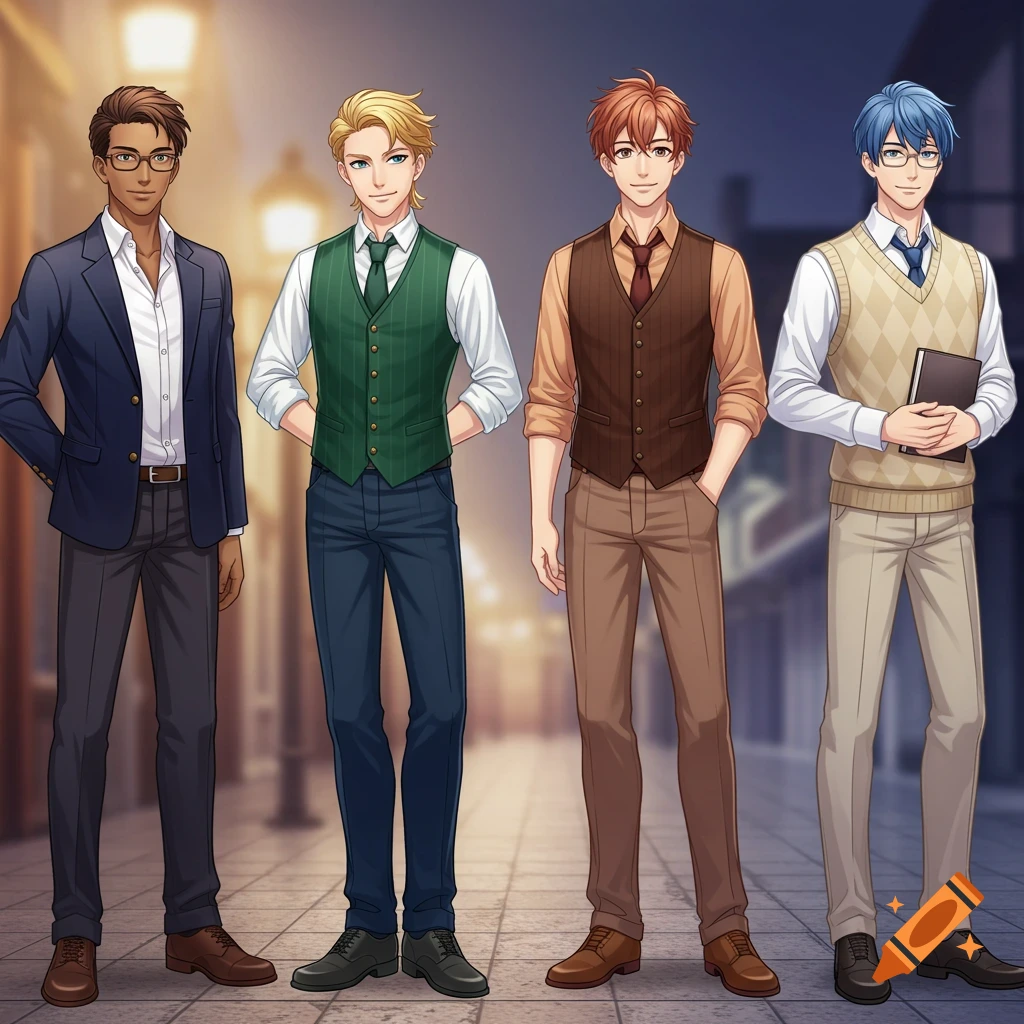 Four anime-style men, dressed in formal blazers, vests, and sweater vests, stand in a row on a street at night.