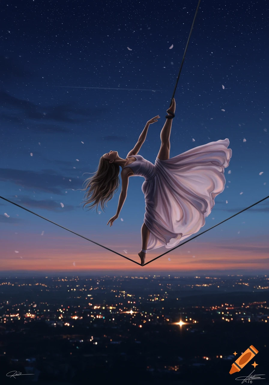 A woman in a flowing dress dances on a tightrope high above a city at night under a starry sky.