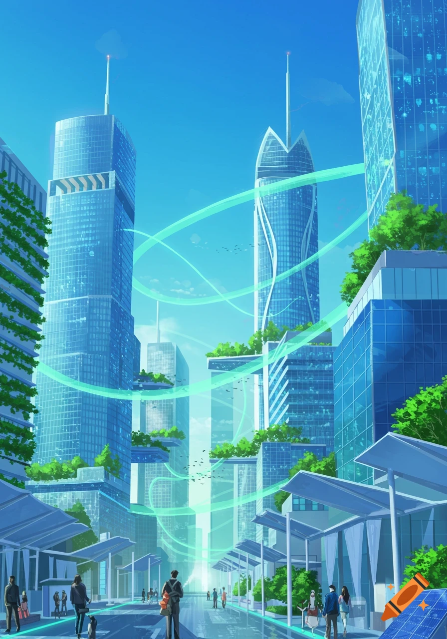 An anime-style illustration of a futuristic, eco-friendly city with tall glass buildings, green roofs, and people walking on clean streets under a bright blue sky.