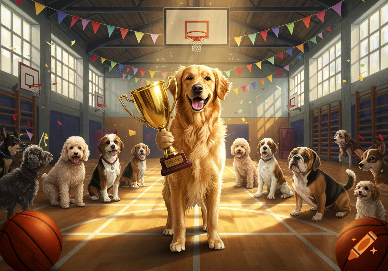 A happy Golden Retriever holds a 'TOP DOG' trophy in a gym, surrounded by many cheerful dogs and confetti. Basketballs are on the floor.