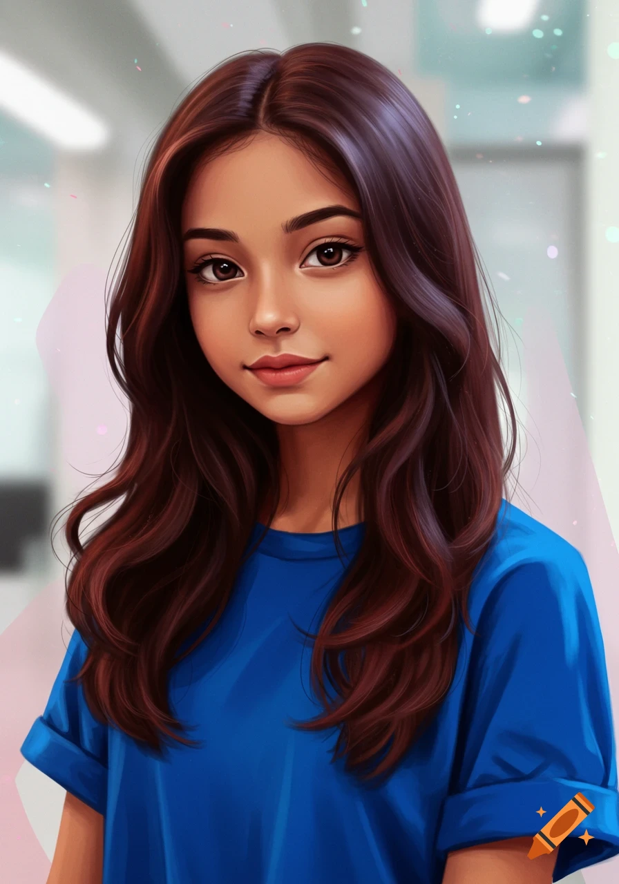 A stylized portrait of a young girl with long, wavy brown hair and brown eyes, wearing a blue t-shirt.