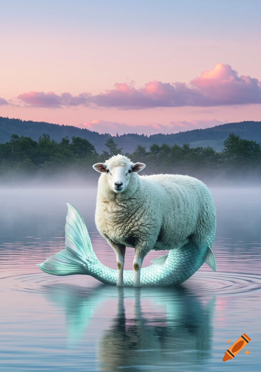 Photorealistic image of a sheep with a mermaid tail standing in misty lake water under a pink and blue sky.