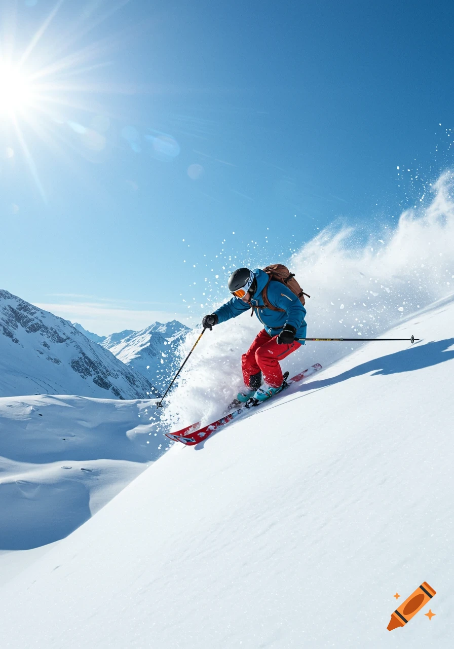 A person skis down a sunny, snow-covered mountain, kicking up a spray of powder. The sky is bright blue.
