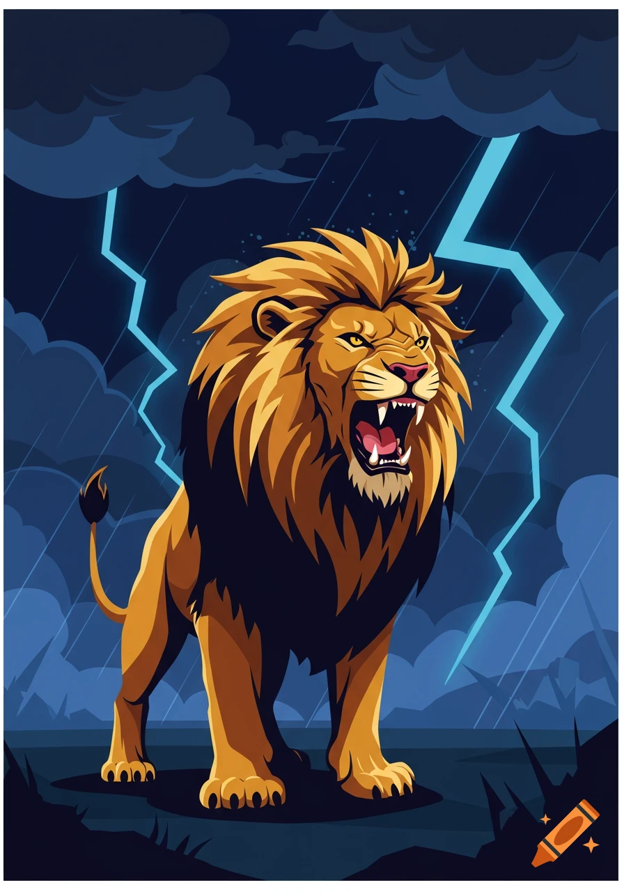 Stylized illustration of an angry lion roaring during a thunderstorm with bright blue lightning.