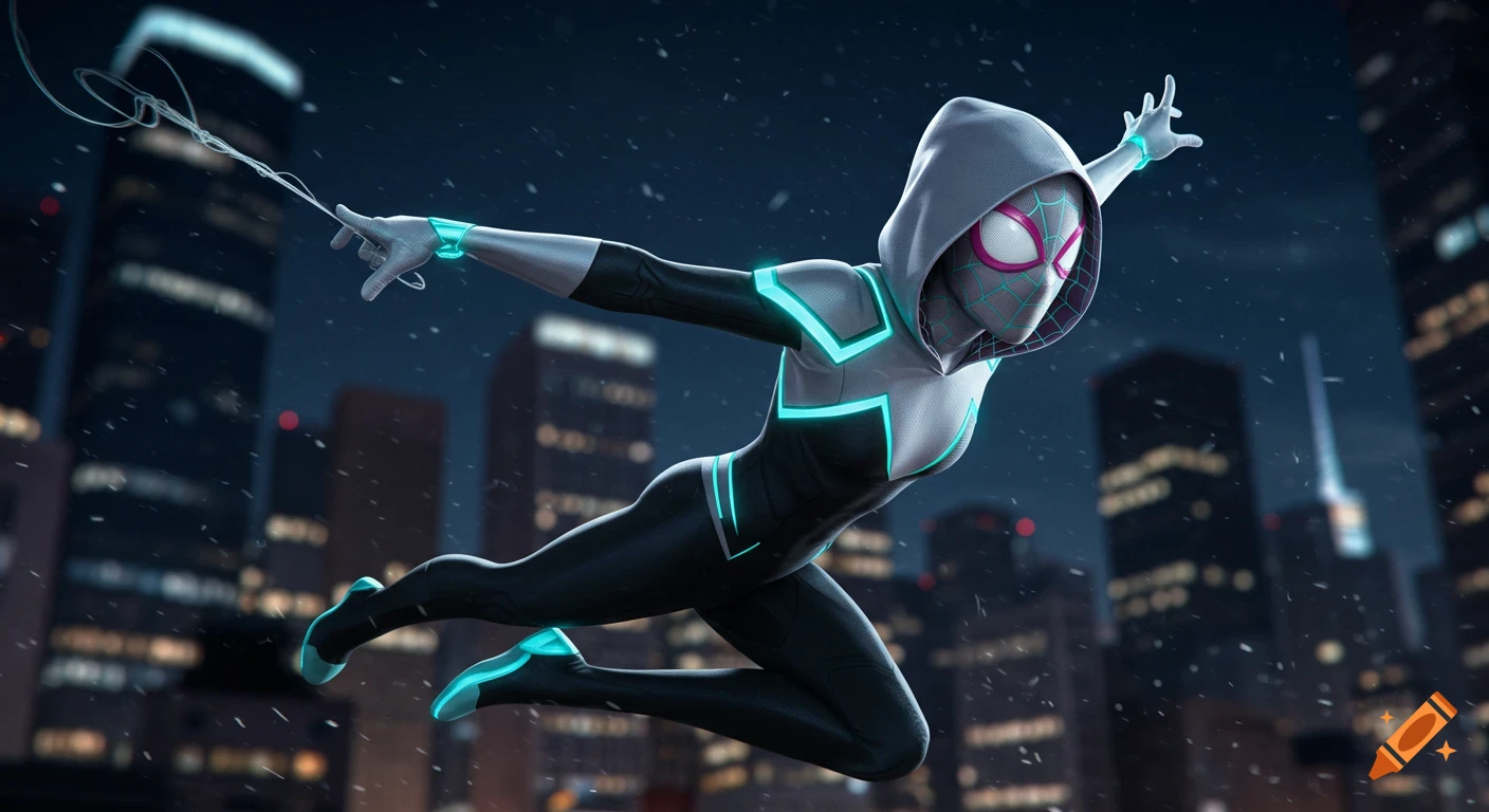 Spider-Gwen swings between city skyscrapers at night in a white, black, and teal glowing suit. Photorealistic style.