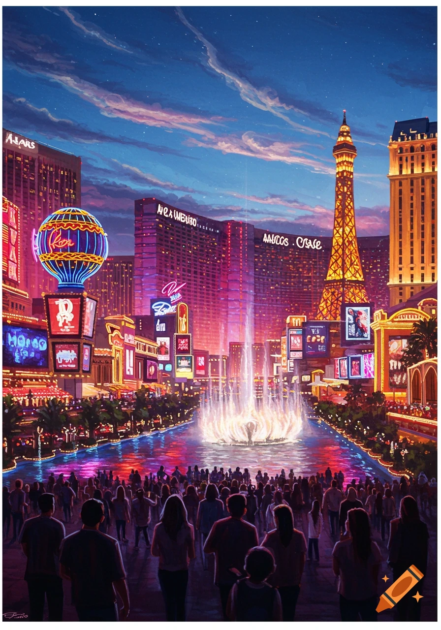 A vibrant, painterly illustration of the Las Vegas Strip at dusk, with the Eiffel Tower replica, illuminated buildings, a large fountain, and a crowd of people in the foreground.